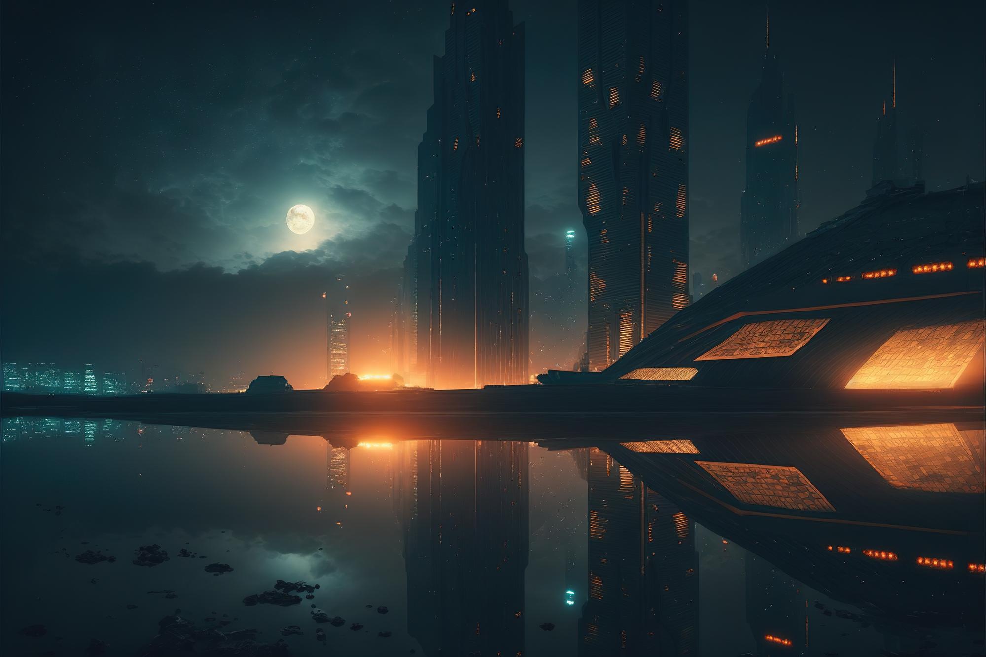 Concept art showing a sci-fi city